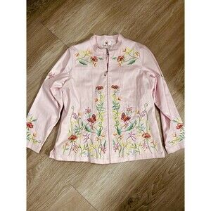 Quacker Factory Women's Pink Jacket Size L Embroidered Flowers Full Zip B-29